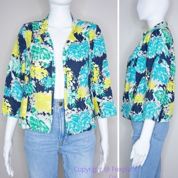 Kim‎ Rogers linen hawaii floral print blazer jacket, women's size Petite Small - Picture 2 of 16